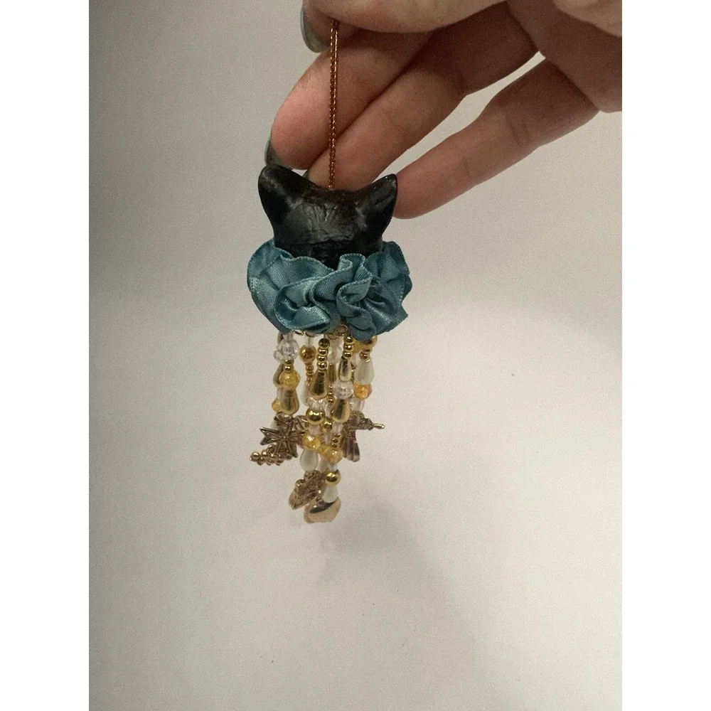 Whimsical Cat Ornament With Gold Toned Dangles Black And White